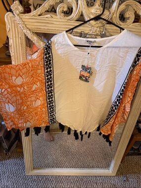 NWT United Of St Barth Boho Tassel Hem White and Orange top cover-up